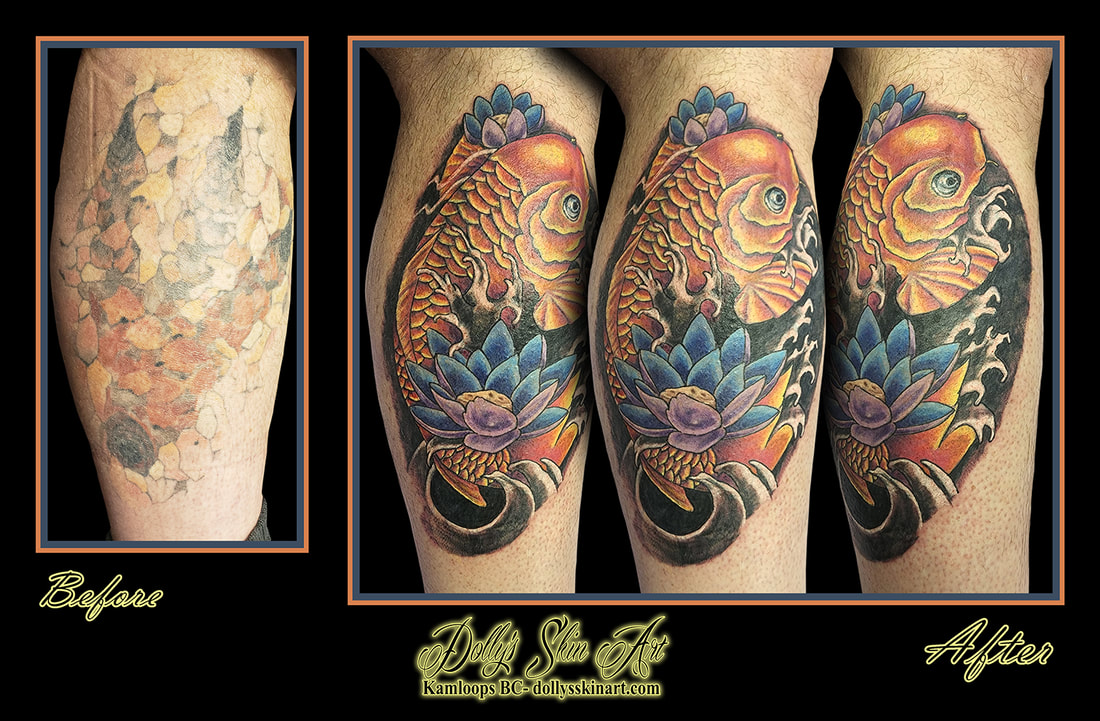 koi tattoo cover up fish colour water flower leg calf red orange black white blue purple yellow tattoo dolly's skin art kamloops