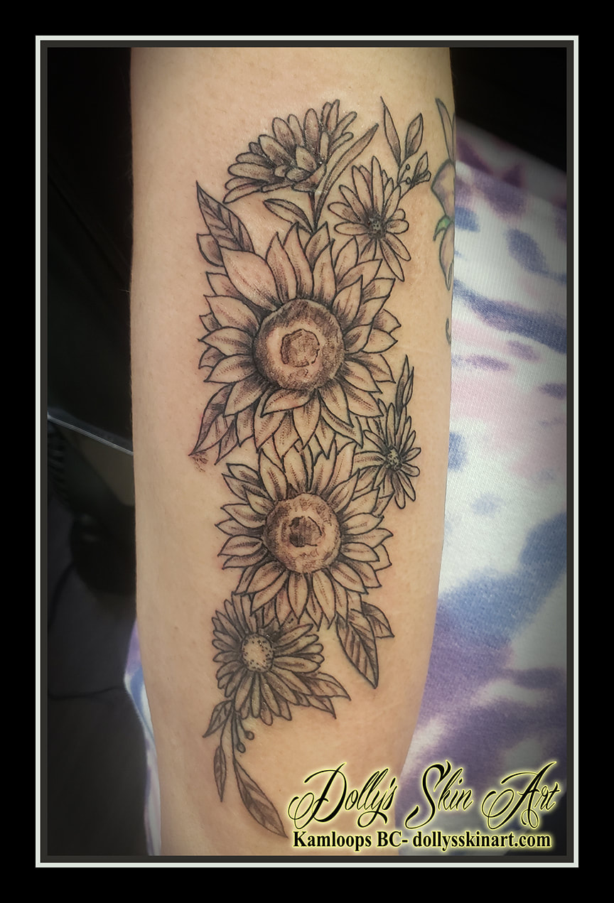 flowers tattoo floral black and grey shading forearm tattoo dolly's skin art kamloops