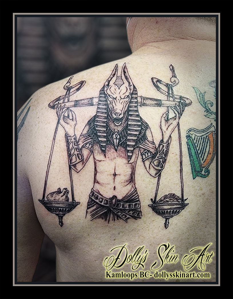 anubis tattoo black and grey shading egypt anpu god of funerary practices care of the dead jackal tattoo kamloops dolly's skin art