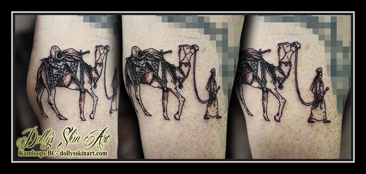 man leading camel tattoo black and grey shading line work eqypt tattoo kamloops dolly's skin art