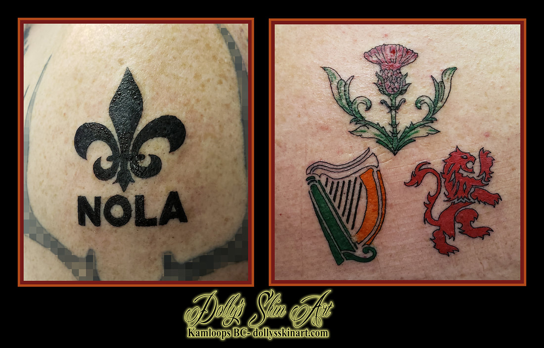 nola thistle lion harp tattoo black colour red green orange black lettering tattoo dolly's skin art kamloops