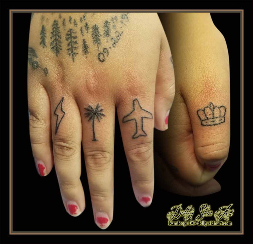 finger tattoo crown airplane palm tree lightning bolt black linework outline hand tattoo kamloops dolly's skin art
