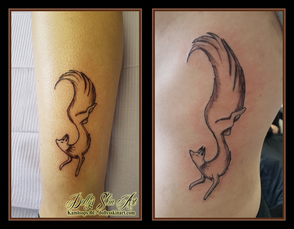 matching friendship fox tattoo lightly shaded leg ribs kamloops dolly's skin art