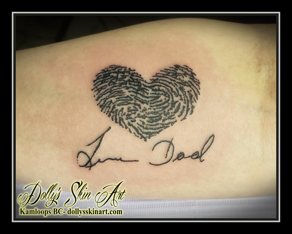 finger print heart tattoo black love dad lettering script arm tattoo dolly's skin art kamloops