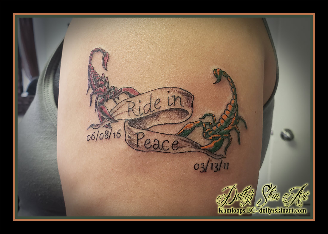 scorpion tattoo memorial ride in peace lettering font banner colour red black green yellow shoulder tattoo kamloops dolly's skin art