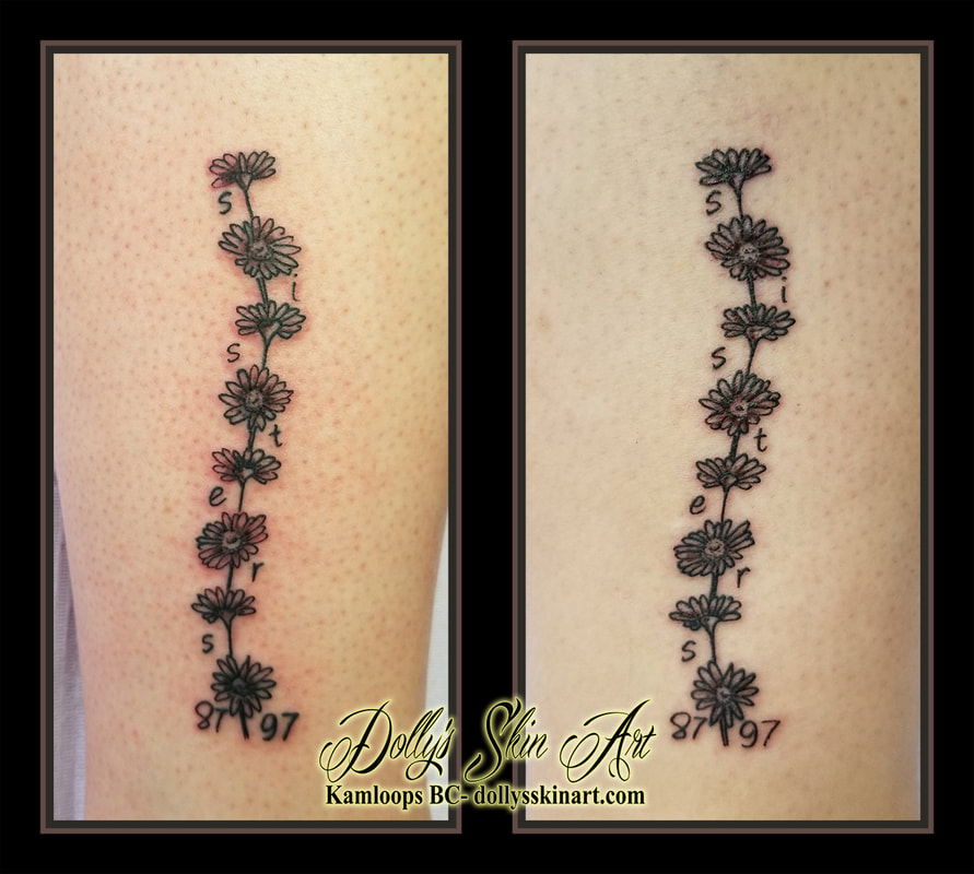 black and grey daisy chain flowers sisters matching ankle small tattoo kamloops tattoo dolly's skin art