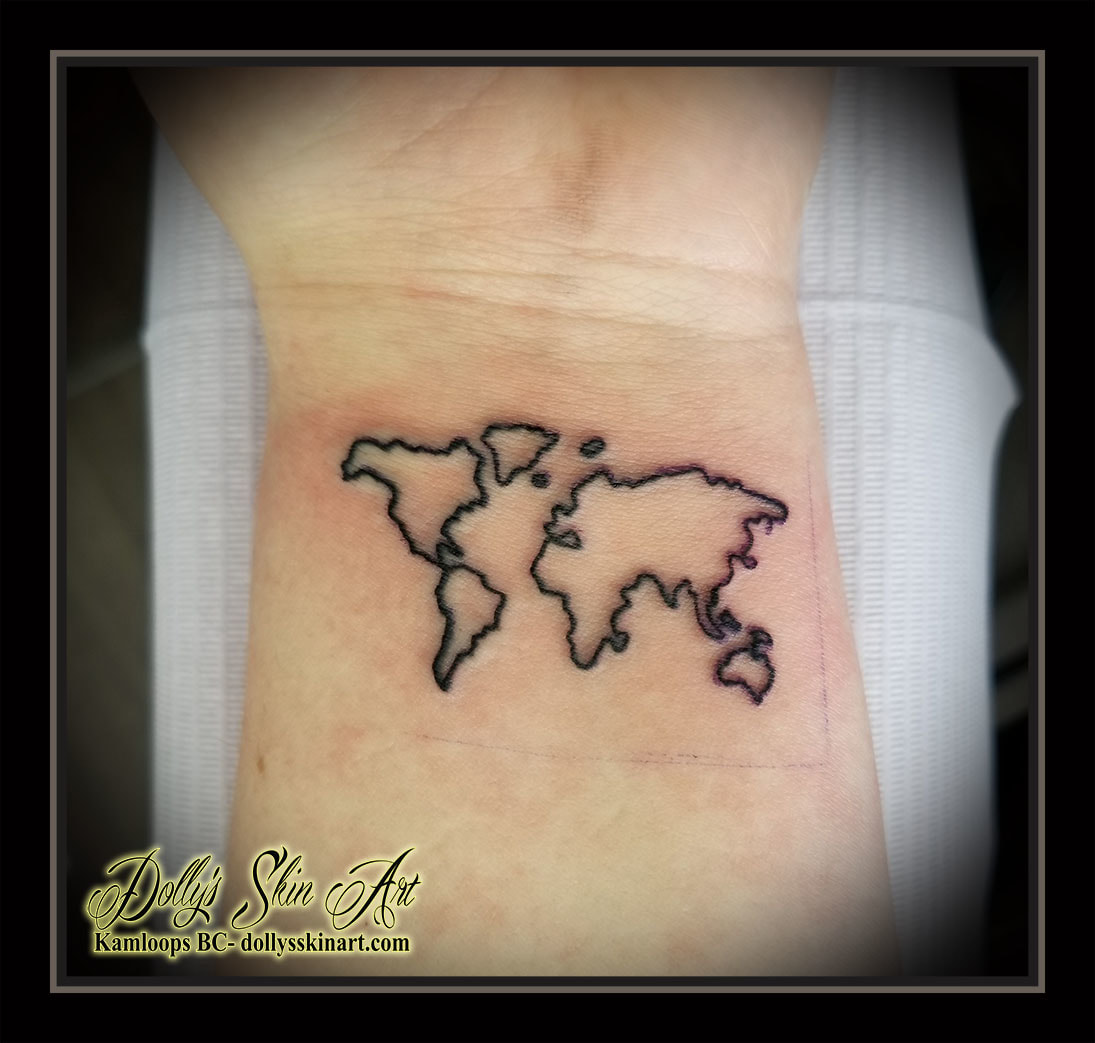 black linework outline continents world map wrist tattoo kamloops dolly's skin art