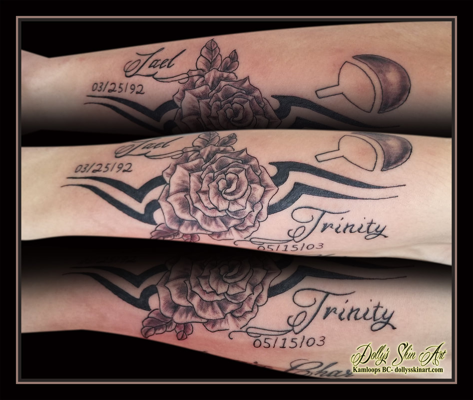 flower tattoo family rose black and grey tribal lettering script forearm tattoo kamloops dolly's skin art