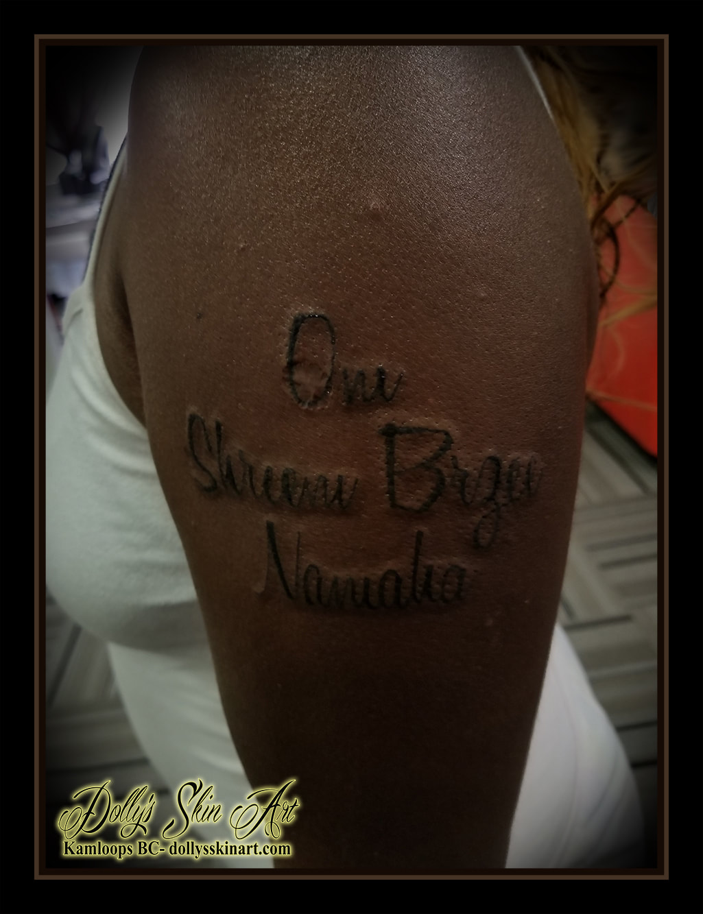 Om Shreem Brzee Namaha mantra Lakshmi black lettering font script forearm tattoo kamloops tattoo dolly's skin art