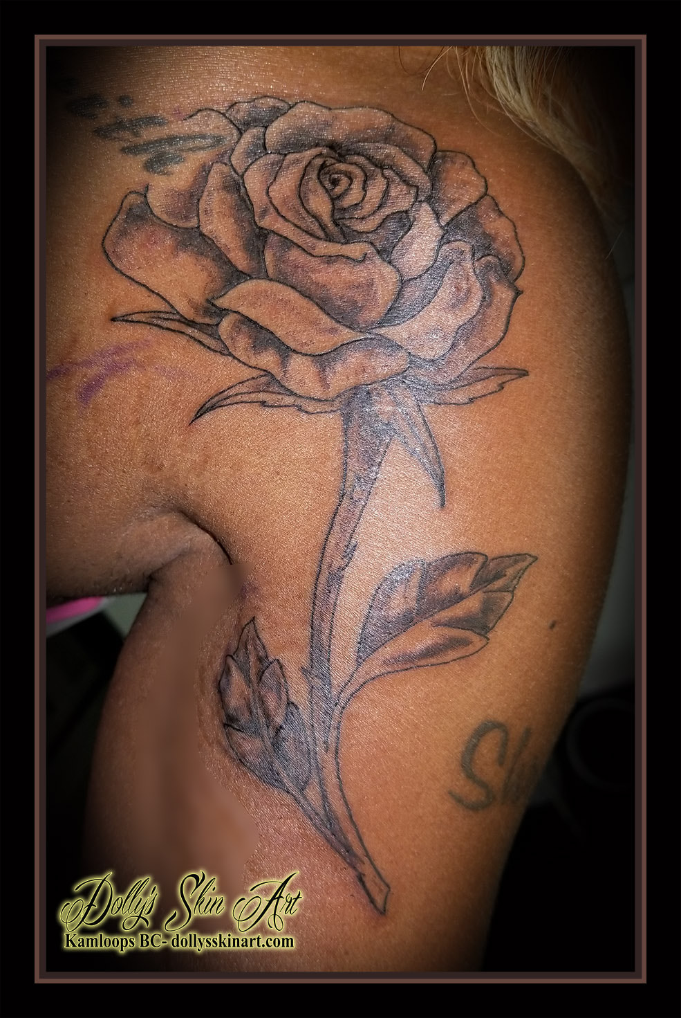 black and grey rose tattoo shading greyscale shoulder cover tattoo kamloops dolly's skin art