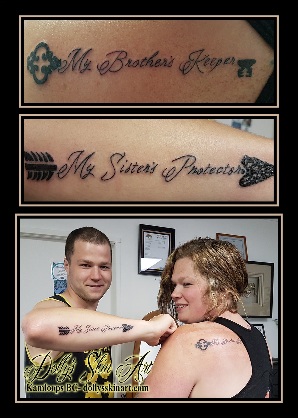 my brother's keeper my sister's protector arrow key matching tattoo font lettering black kamloops dolly's skin art