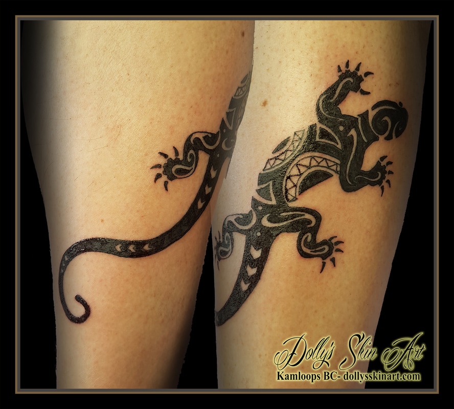 black tribal style gecko leg tattoo kamloops dolly's skin art
