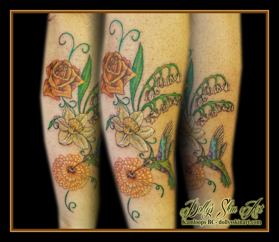 flowers colour hummingbird green orange yellow blue purple marigold rose lily of the valley daffodil tattoo kamloops dolly's skin art