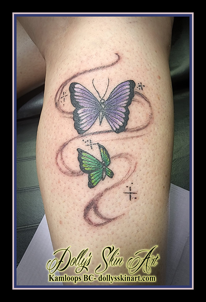 butterfly tattoo butterflies colour purple white green yellow black leg calf tattoo dolly's skin art kamloops