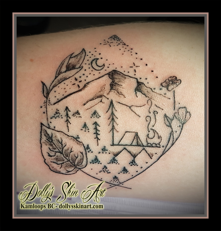 tattoo camp fire camping small dotwork llinework simple forest kamloops dolly's skin art