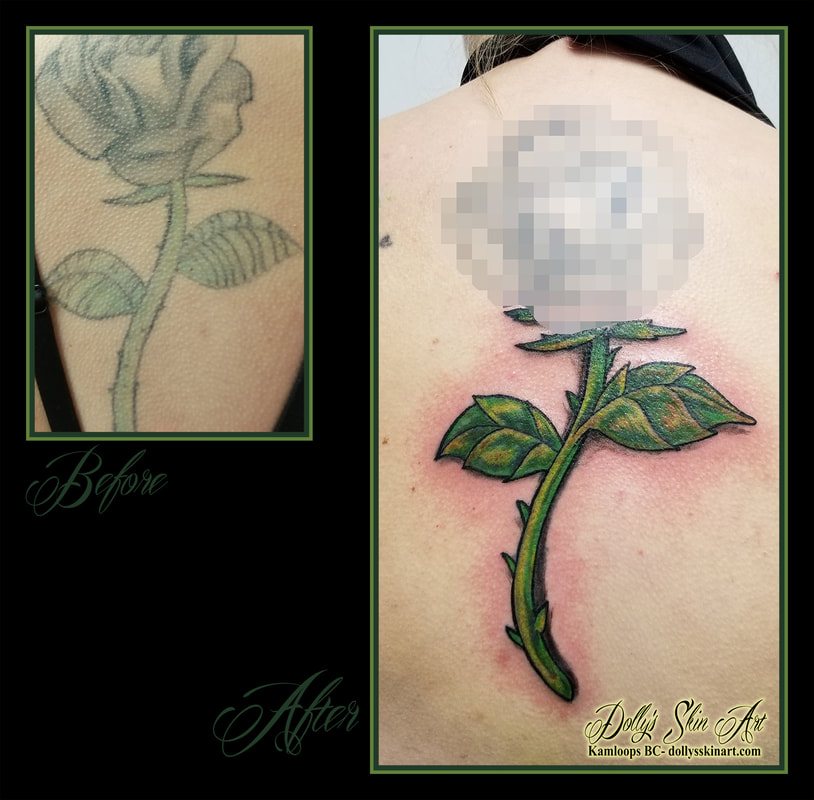 rose tattoo cover up refresh rejuvenate steam leaves green yellow shading colour tattoo kamloops dolly's skin art