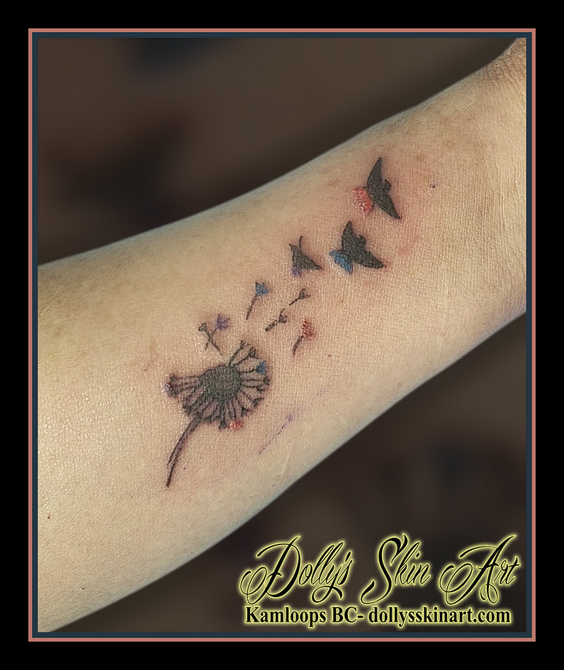 dandelion tattoo wisp birds silhouette colour black forearm tattoo kamloops dolly's skin art