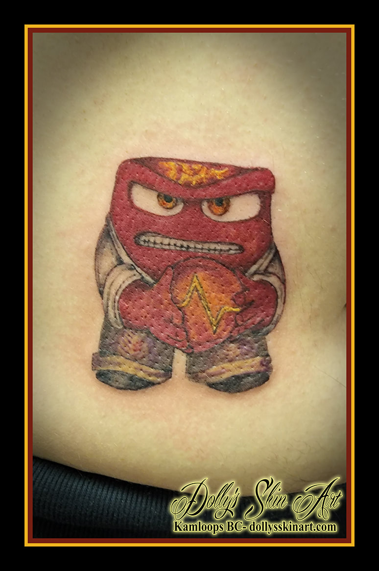 anger tattoo Disney Pixar Inside Out Riley's anger yellow orange brown white black red shading tattoo dolly's skin art kamloops