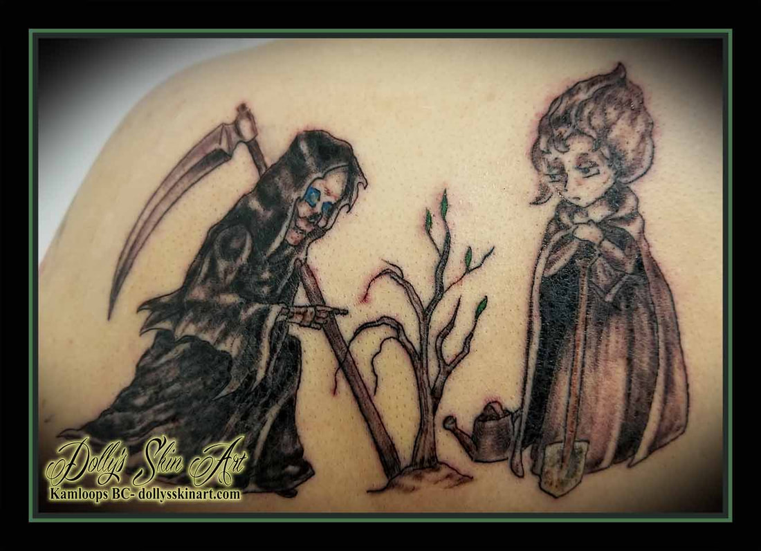 death susan tattoo Terry Pratchett Discworld grim reaper Susan Sto Helit black and grey blue green tree shovel watering can tattoo kamloops dolly's skin art