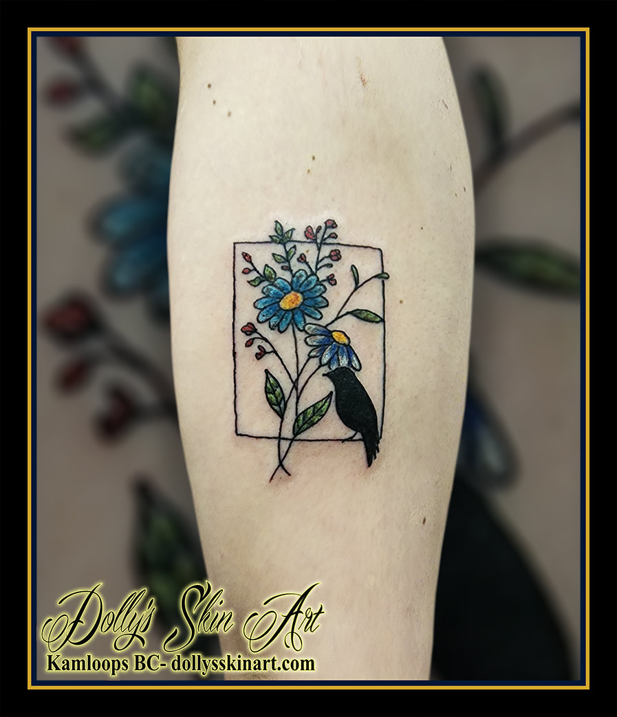 flower tattoo crow colour blue yellow green red black bird forearm tattoo kamloops dolly's skin art