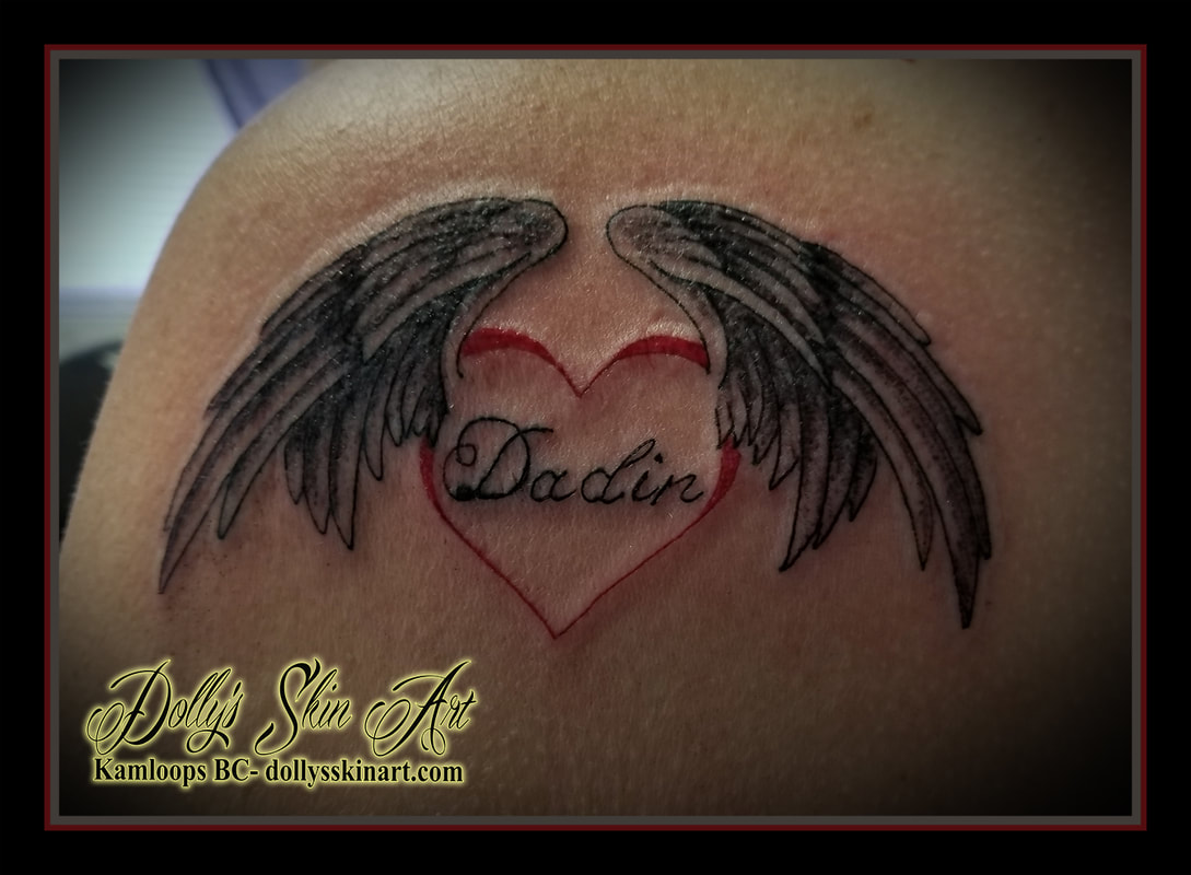 dadin dad heart wings lettering font tribute black and grey red tattoo kamloops dolly's skin art