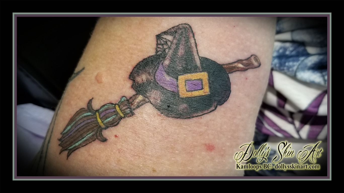 witch hat brrom tattoo colour black yellow purple buckle blue brown arm cobweb tattoo kamloops dolly's skin art