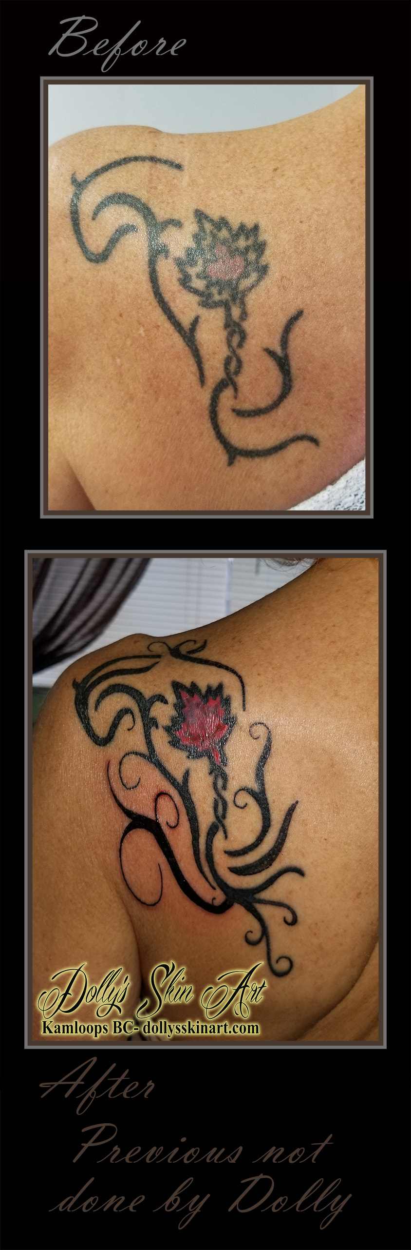 tribal cover up addition black red maple leaf tattoo kamloops dolly's skin art