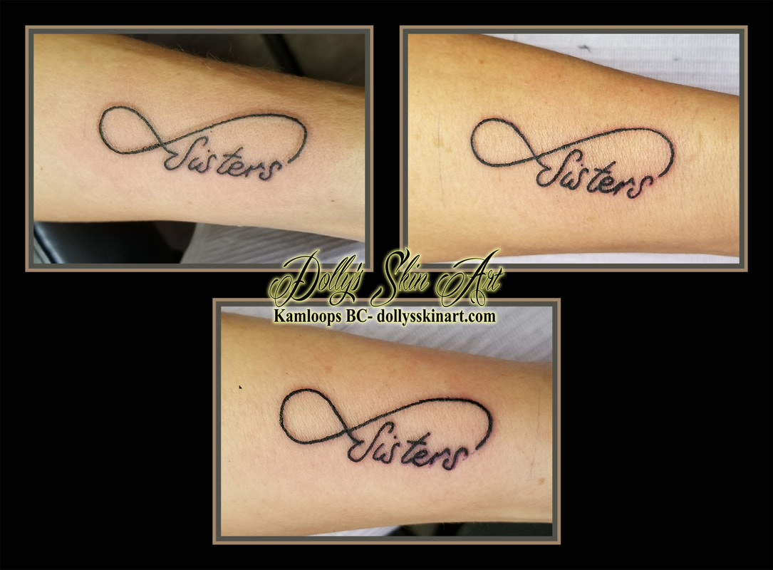sisters infinity black linework lettering font script matching forearm tattoo kamloops tattoo dolly's skin art