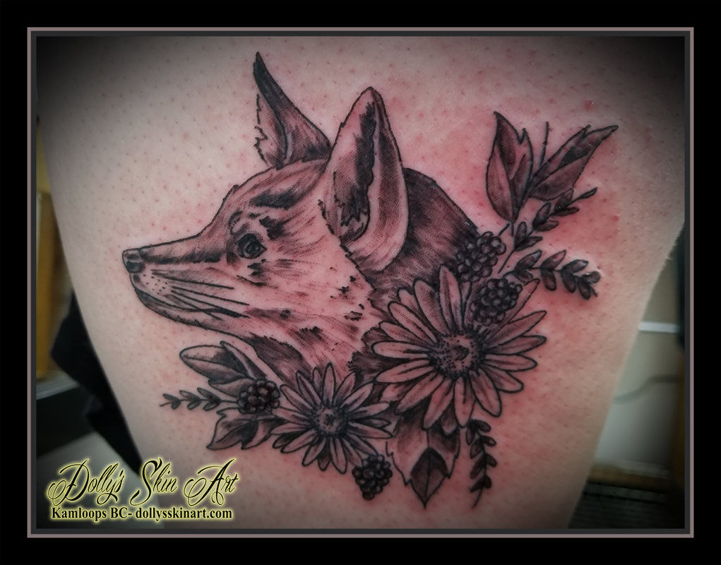 black and grey shaded fox head flowers thigh tattoo kamloops dolly's skin art