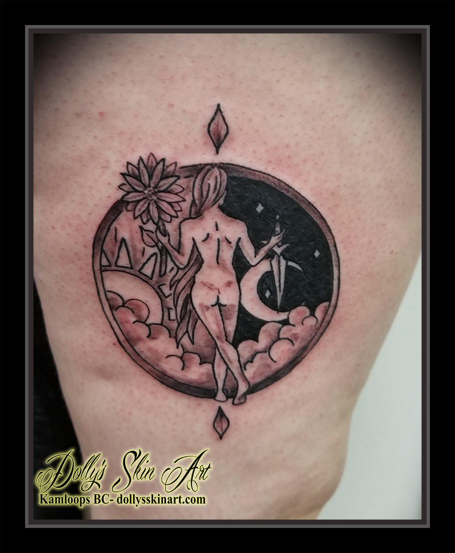 black and grey naked woman back dagger flower sun clouds stars circle thigh tattoo kamloops tattoo dolly's skin art