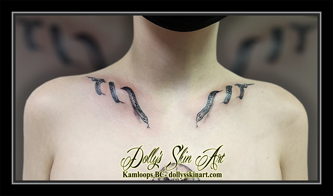 snake tattoo collarbone snakes black and grey shading linework chest tattoo dolly's skin art kamloops british columbia
