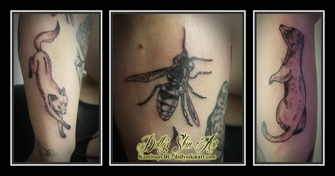 wasp fox weasel tattoo black and grey shading linework arm tattoo dolly's skin art kamloops