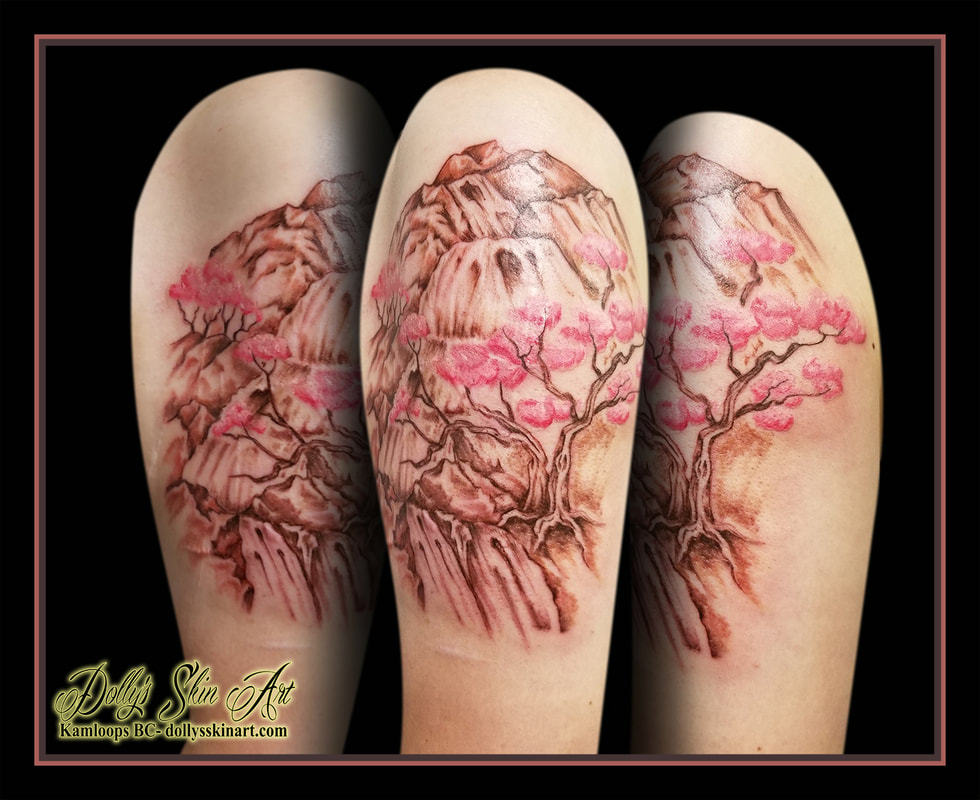 cherry blossom waterfall mountain asia sepia pink brown shaded tattoo kamloops tattoo dolly's skin art