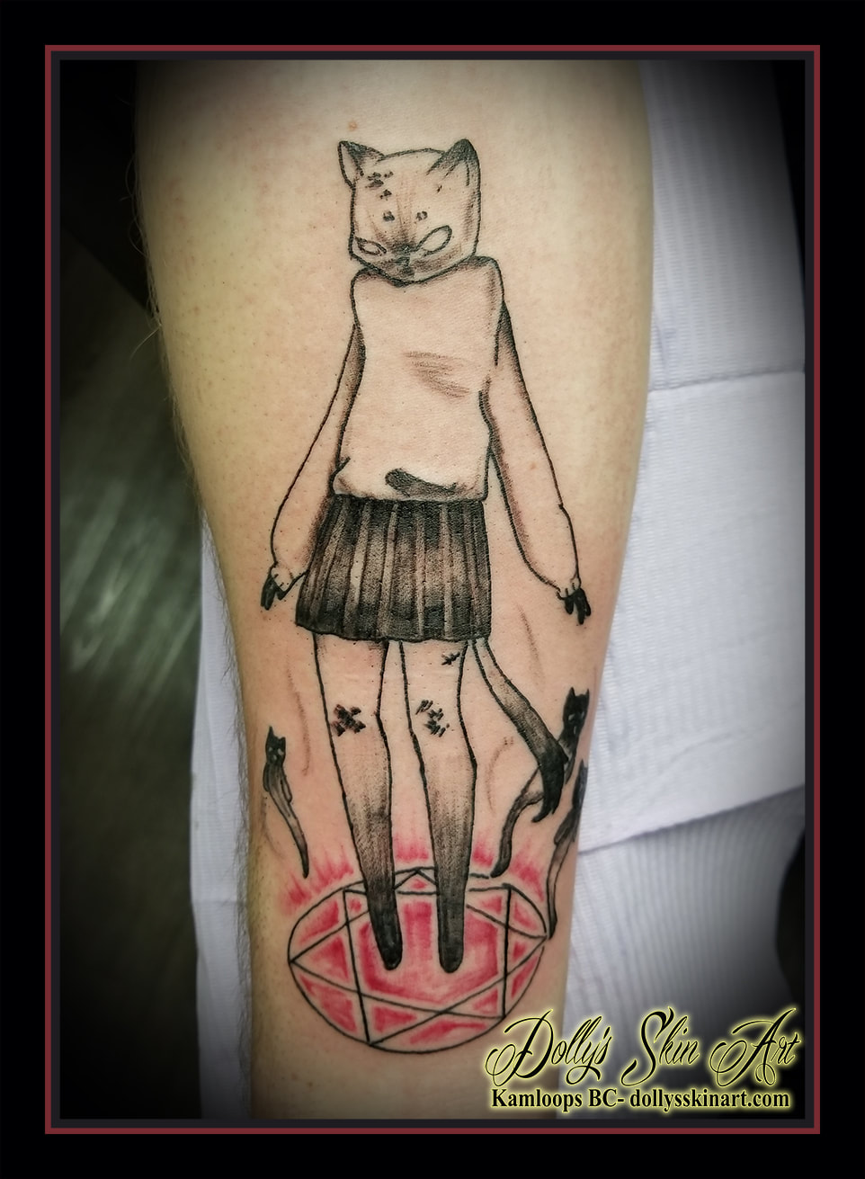 cat lady drawing first tattoo own design black and grey red forearm tattoo kamloops tattoo dolly's skin art