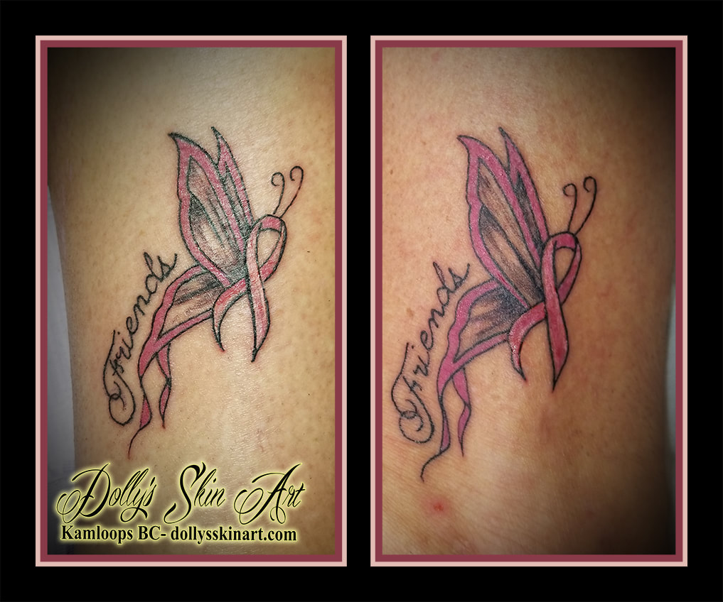 breast cancer ribbon butterfly pink Friends matching friendship lettering font tattoo kamloops dolly's skin art