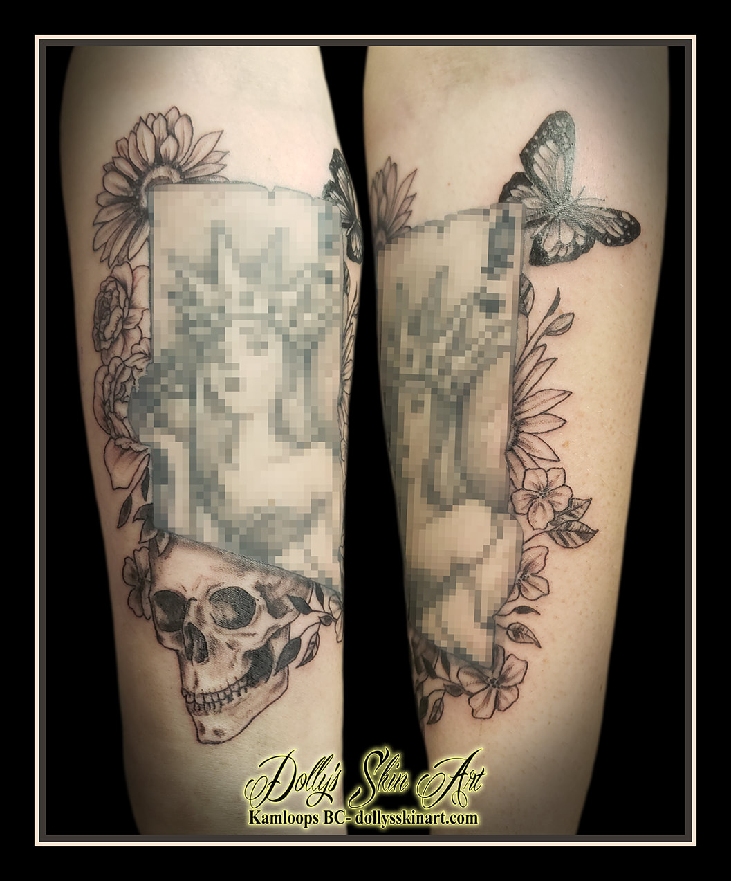flowers skull butterfly tattoo black and grey linework arm shading tattoo dolly's skin art kamloops