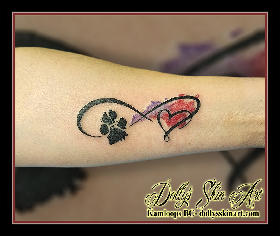 paw print tattoo heart infinity water colour purple red black forearm tattoo dolly's skin art kamloops british columbia