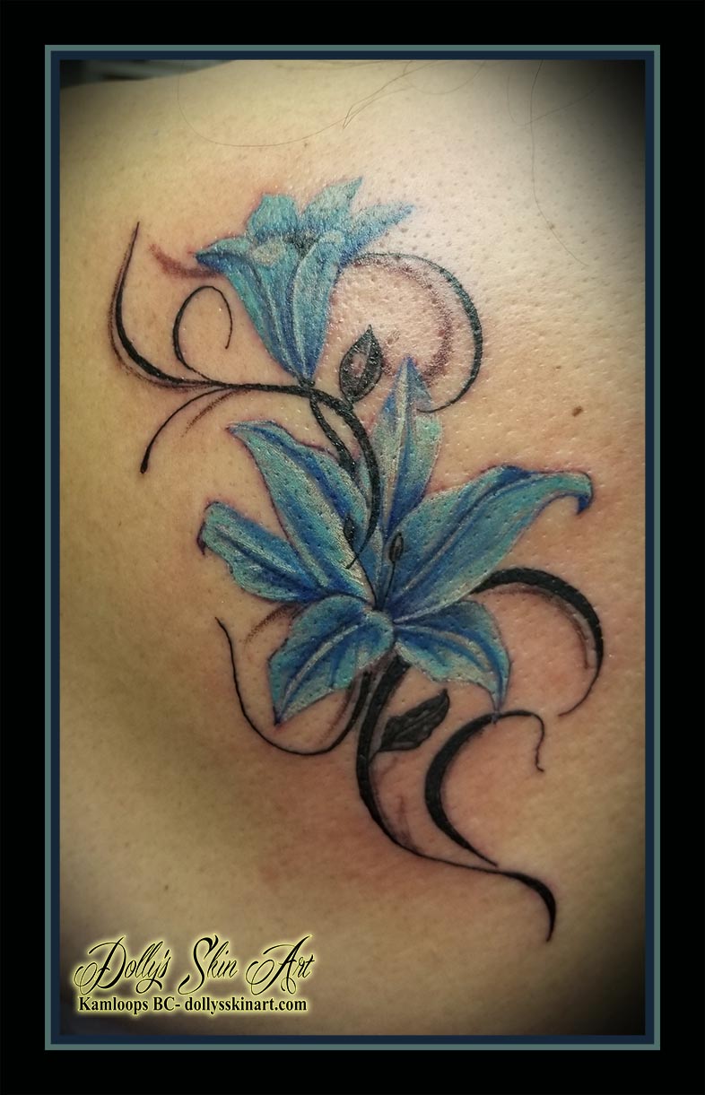 blue lily tattoo flower lilies filligree blue white black leaves vine tattoo kamloops dolly's skin art