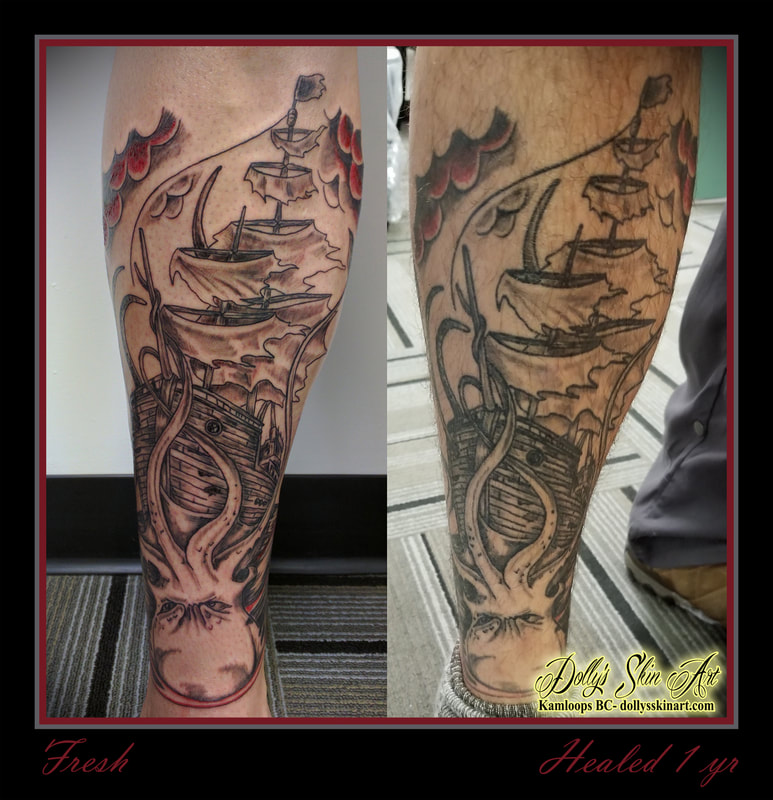 black and grey ship sea monster battle leg red shading healed fresh 1 year shin calf tattoo kamloops dolly's skin art