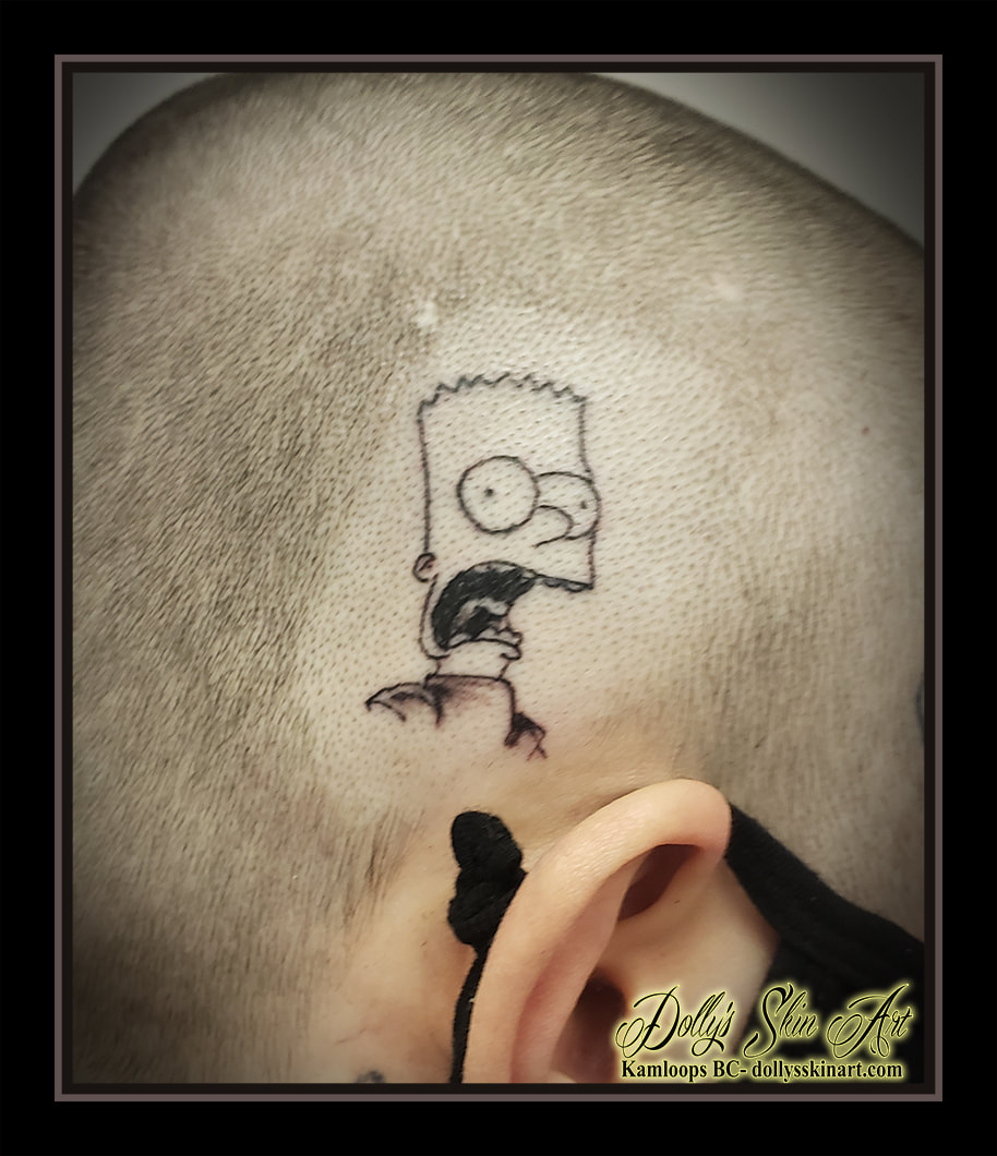 bart simpson tattoo head skull scalp black and grey linework animated cartoon tattoo kamloops dolly's skin art