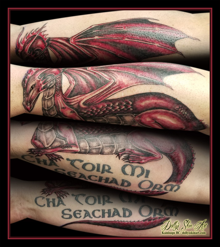 dragon tattoo red forearm colour sitting lettering tattoo kamloops dolly's skin art