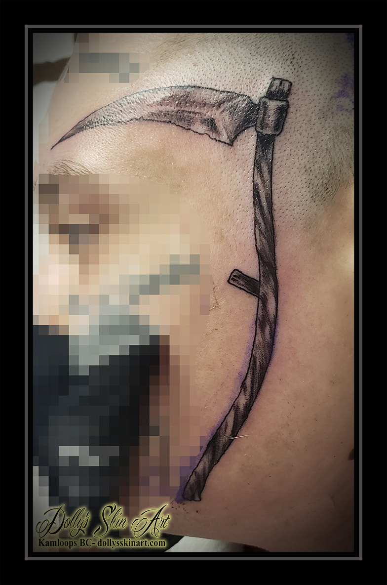 scythe harvester blade black and grey shading side of head black tattoo kamloops dolly's skin art