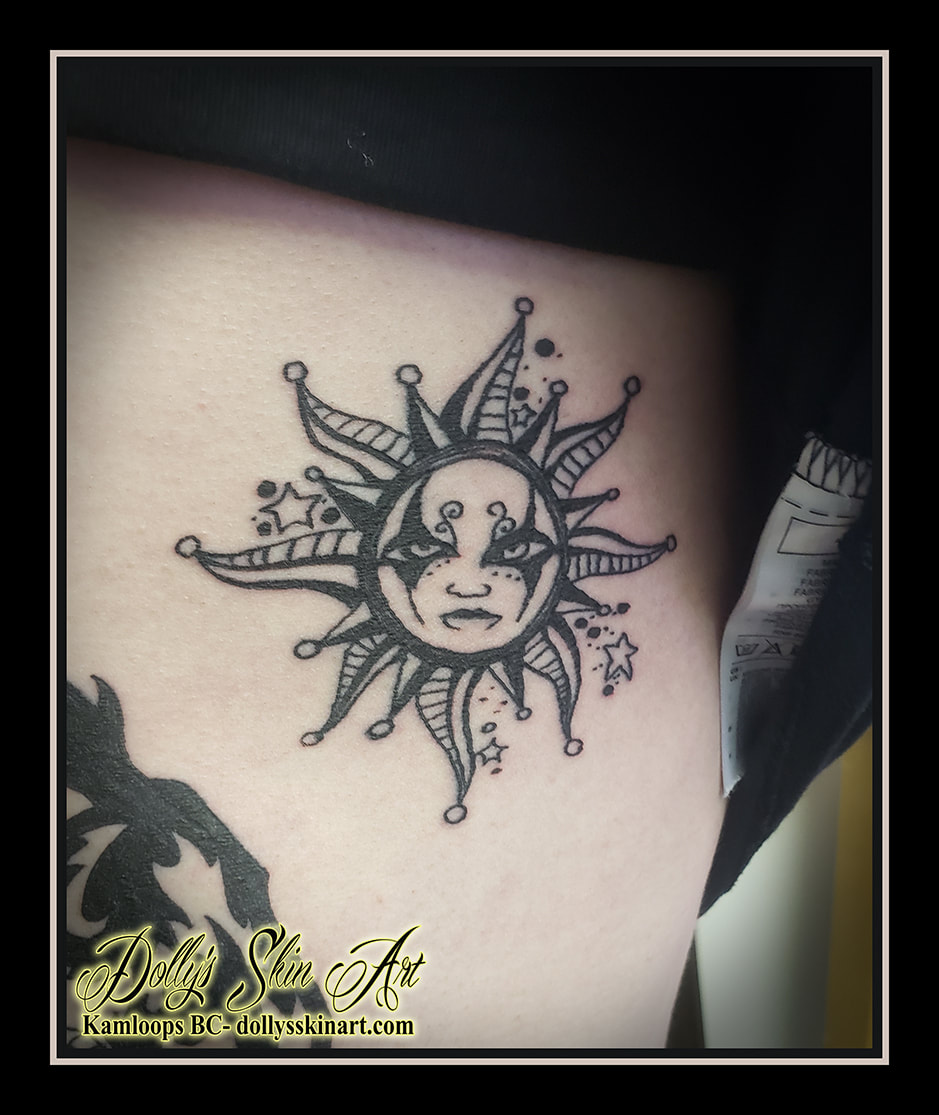 sun tattoo black shading tattoo dolly's skin art kamloops