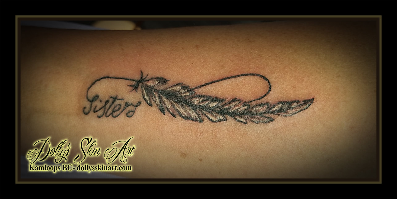 feather tattoo sisters infinity black white small lettering script fine tattoo kamloops dolly's skin art