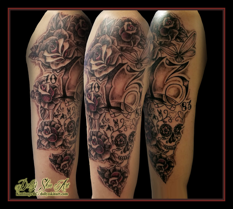 memorial black and grey traditional roses sugar skull 13 dates font lettering butterfly pink arm tattoo kamloops dolly's skin art