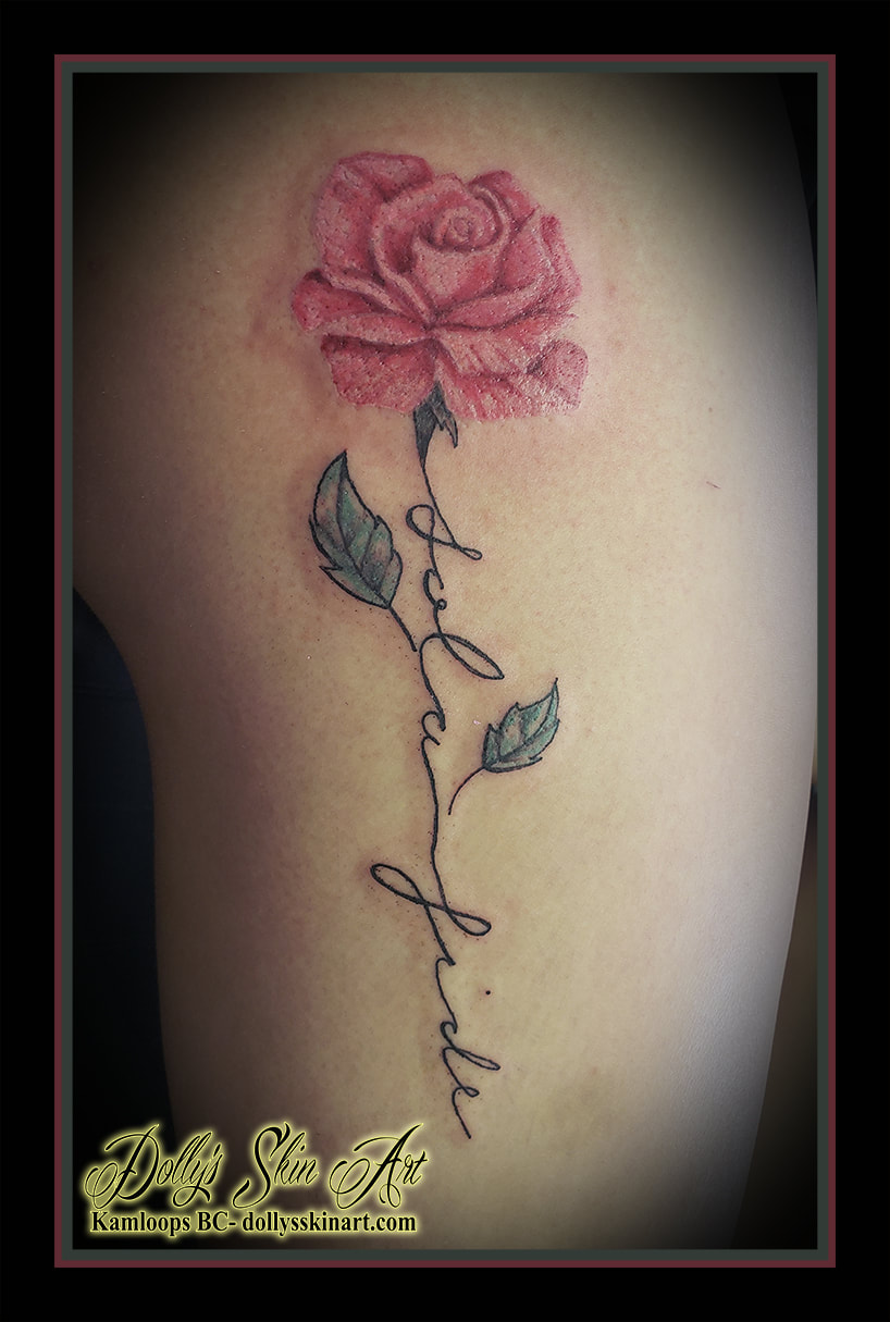rose tattoo pink sola fide green lettering script stem flower floral realism g heart tattoo kamloops dolly's skin art
