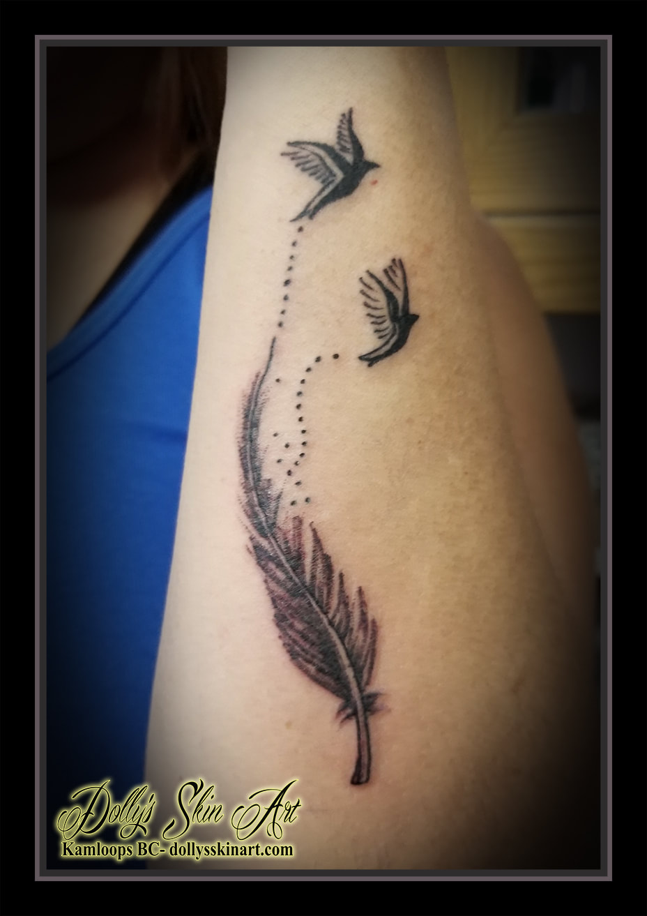 feather tattoo birds black and grey matching forearm shading tattoo kamloops dolly's skin art