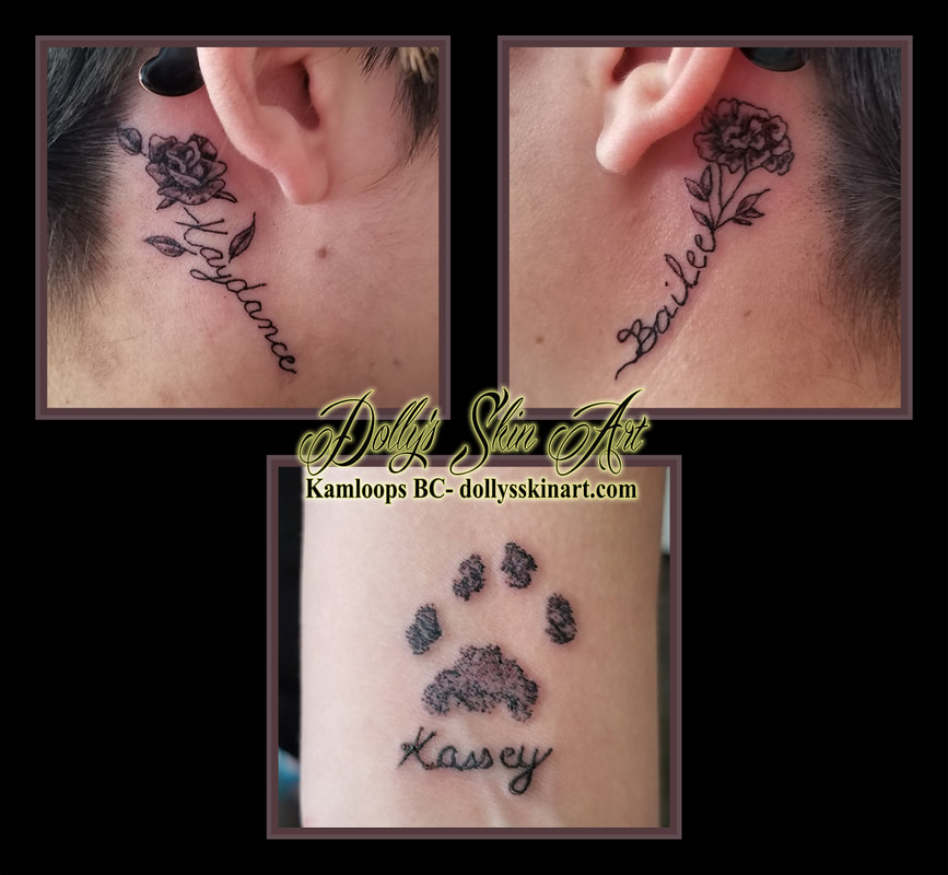black and grey rose marigold cat paw children kaydance bailey kassey font lettering shading behind ear wrist kamloops tattoo dolly's skin art