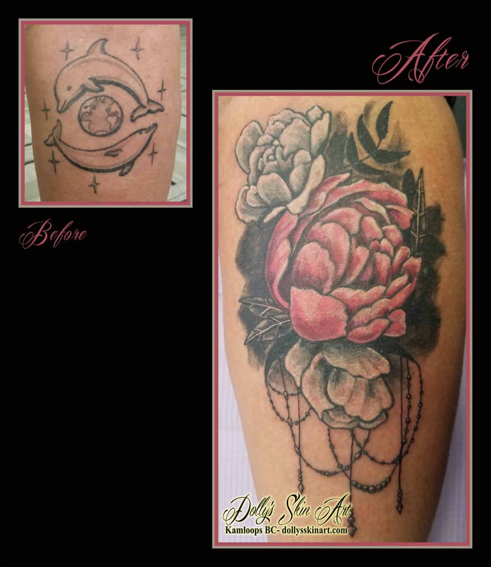 pink white floral tattoo cover up flower chandelier beads tattoo kamloops dolly's skin art