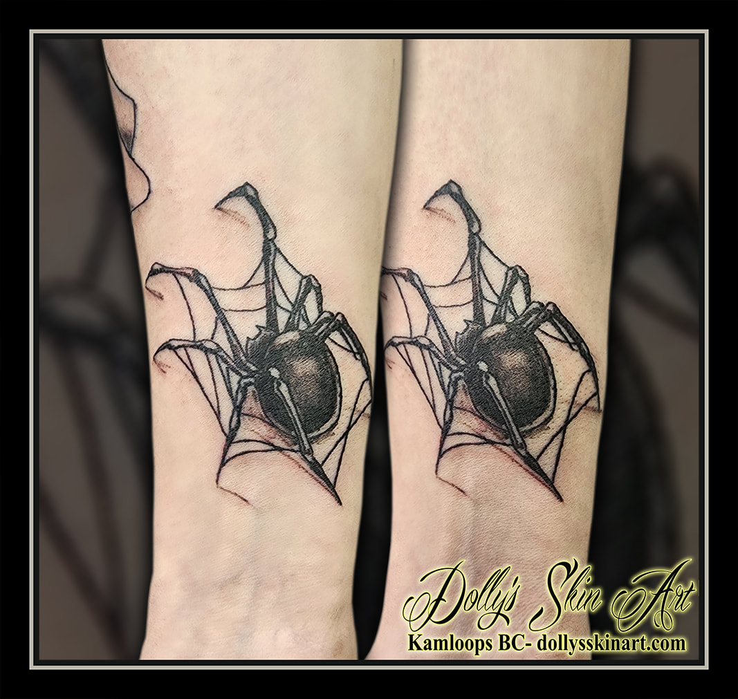 spider tattoo black and grey spiderweb web arm tattoo kamloops dolly's skin art